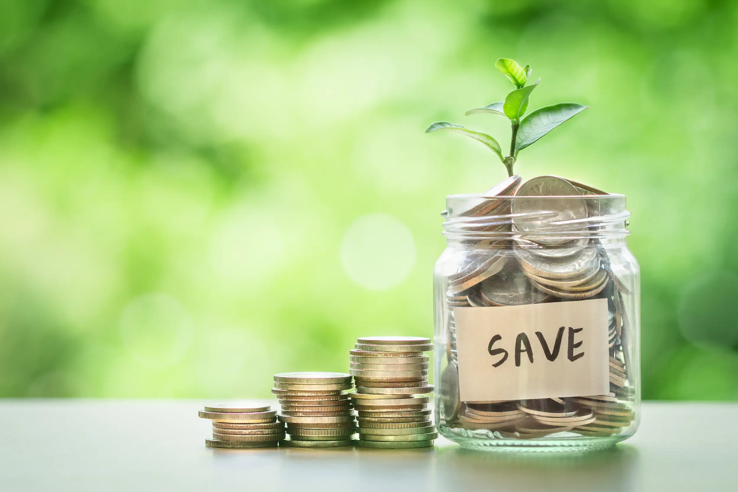 A glass jar labeled "Save", filled with coins and with a plant growing out of it.